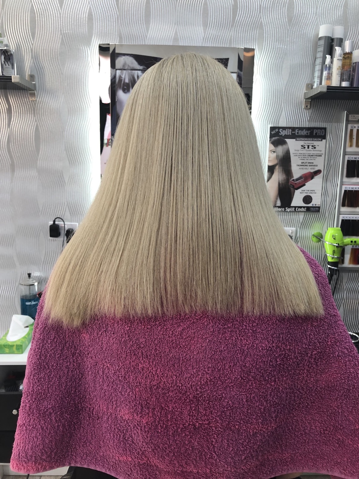 blonde blowdry at styling station